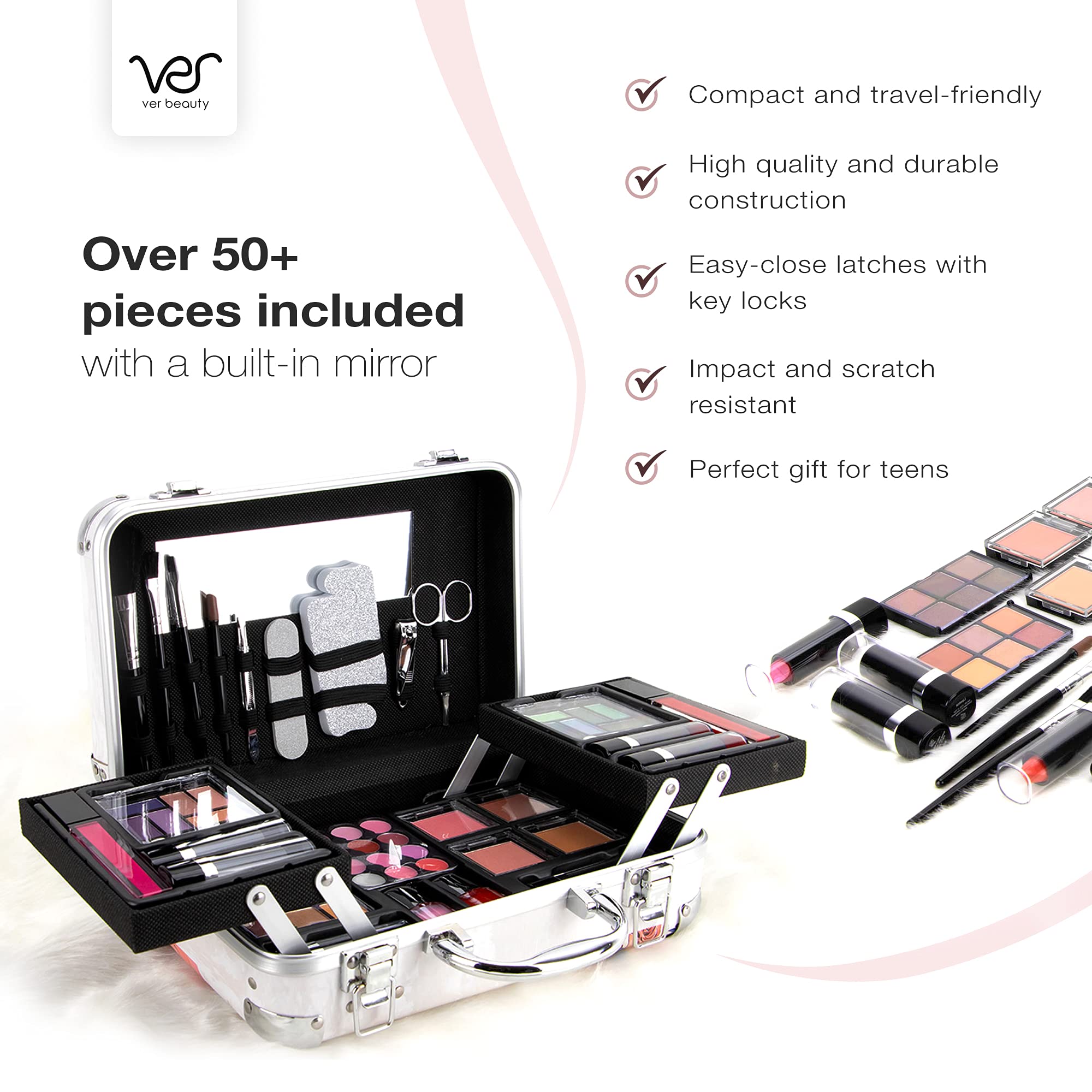 Ver Beauty Makeup Box with Makeup Included – Makeup Train Case with Travel Makeup Mirror – Professional Makeup Case Organizer with 2 trays – Perfect Cosmetic Organizer and Makeup Gift Set for Women