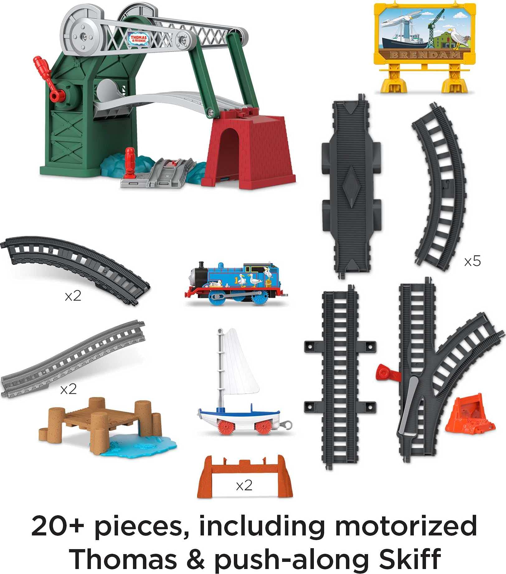 Thomas & Friends Bridge Lift Thomas & Skiff train set with motorized engine and toy boat for preschool kids ages 3 years and up