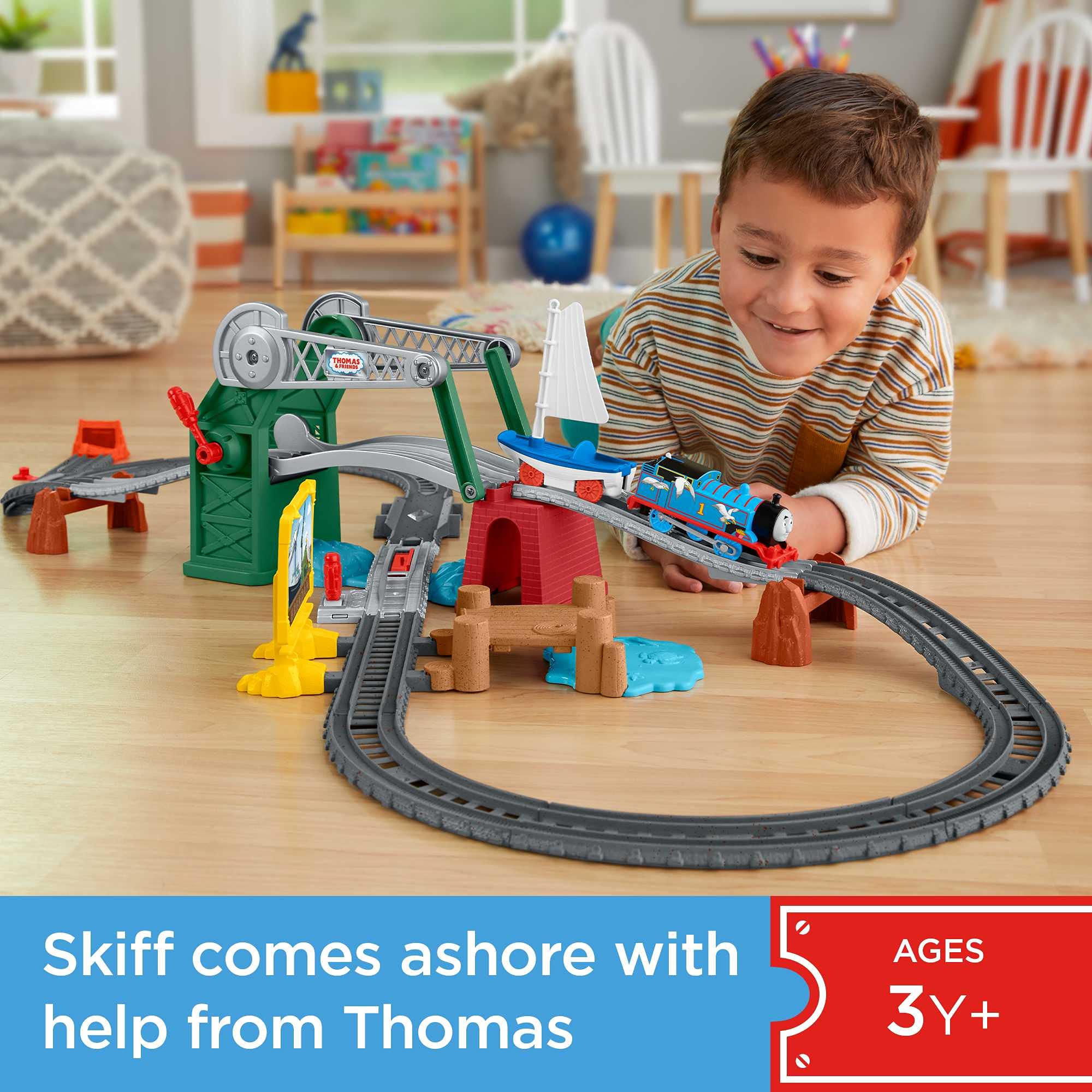 Thomas & Friends Bridge Lift Thomas & Skiff train set with motorized engine and toy boat for preschool kids ages 3 years and up