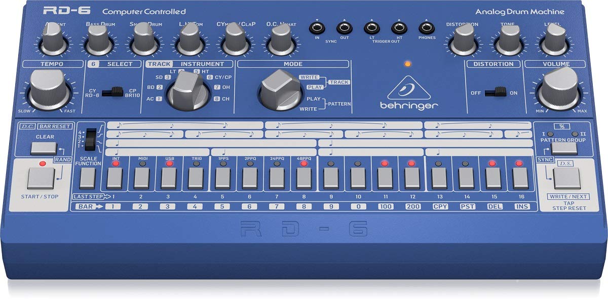 Behringer RHYTHM DESIGNER RD-6-BU Analog Drum Machine with 8 Drum Sounds, 64 Step Sequencer and Distortion Effects