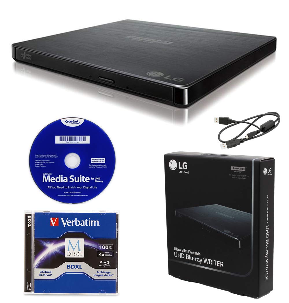 Produplicator LG BP60NB10 Portable 6X Ultra HD 4K Blu-ray Burner External Drive with CyberLink Software, 100GB M-DISC BDXL, and USB Cable - Burns CD DVD BD DL BDXL Discs