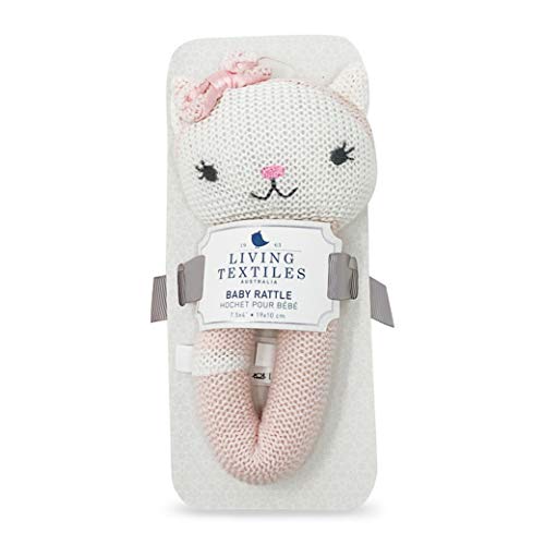 Living Textiles Baby Knitted Toy Rattle - Ava Cat - Premium 100% Cotton Super Cute Soft & Fun Stuffed Animal Toy Rattle | for Infant,Newborn,Nursery,Stuff,Knit,Gift,Shower,Girl