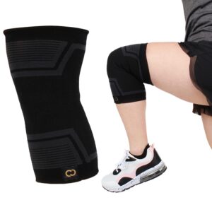 copper compression powerknit knee sleeve- copper stabilizer support brace for meniscus tear, acl, mcl, arthritis, joint pain relief, running, sports, hiking- men & women- fits right/left - s/m