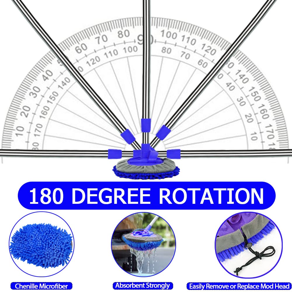 WillingHeart 47.5" Car Wash Brush Mop Cleaning Tool with Long Handle Kit for Washing Detailing Cars Truck, SUV, RV, Trailer, Boat 2 in 1 Chenille Microfiber Sponge Duster Not Hurt Paint Scratch Free