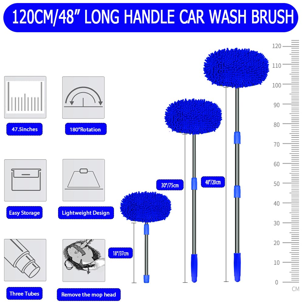 WillingHeart 47.5" Car Wash Brush Mop Cleaning Tool with Long Handle Kit for Washing Detailing Cars Truck, SUV, RV, Trailer, Boat 2 in 1 Chenille Microfiber Sponge Duster Not Hurt Paint Scratch Free