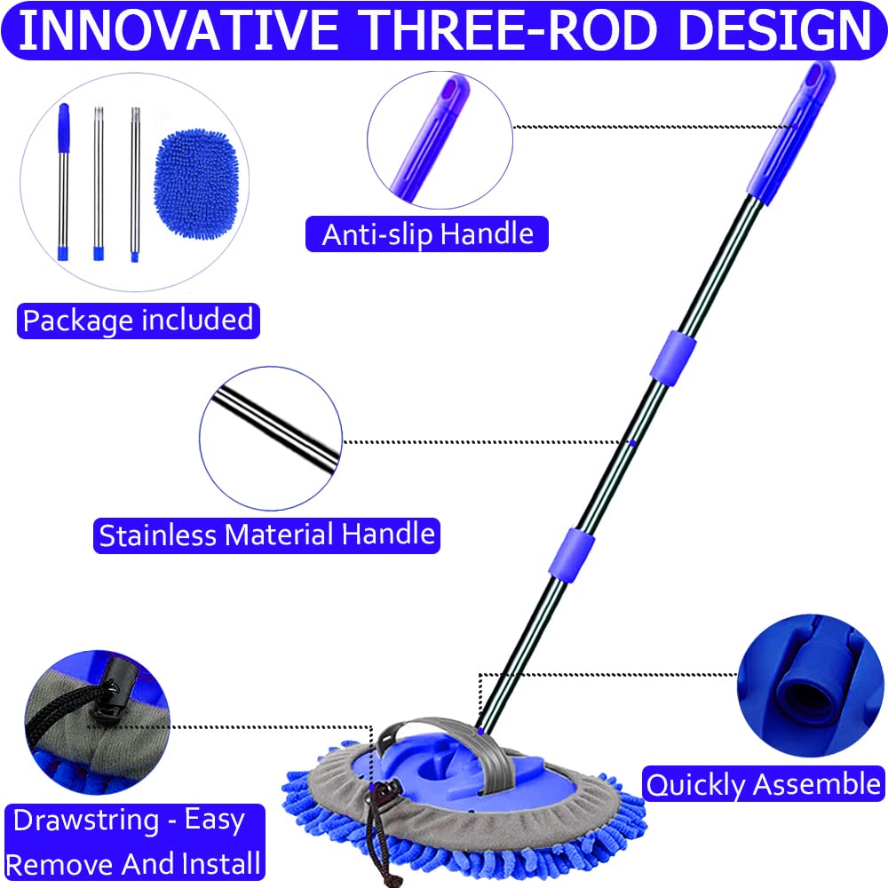 WillingHeart 47.5" Car Wash Brush Mop Cleaning Tool with Long Handle Kit for Washing Detailing Cars Truck, SUV, RV, Trailer, Boat 2 in 1 Chenille Microfiber Sponge Duster Not Hurt Paint Scratch Free