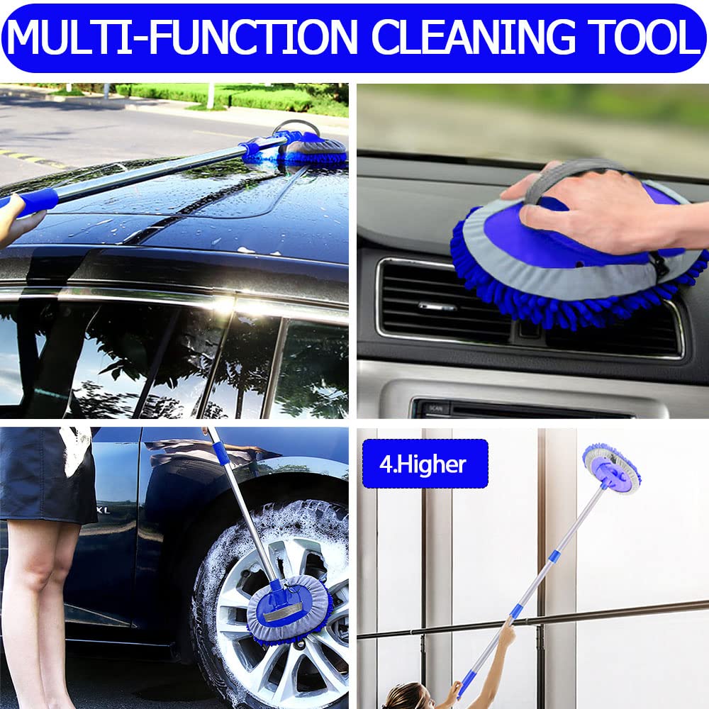 WillingHeart 47.5" Car Wash Brush Mop Cleaning Tool with Long Handle Kit for Washing Detailing Cars Truck, SUV, RV, Trailer, Boat 2 in 1 Chenille Microfiber Sponge Duster Not Hurt Paint Scratch Free