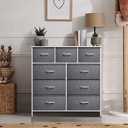 Sorbus Dresser with 9 Drawers - Furniture Storage Chest Tower Unit for Bedroom, Hallway, Closet, Office Organization - Steel Frame, Wood Top, Easy Pull Fabric Bins (White)