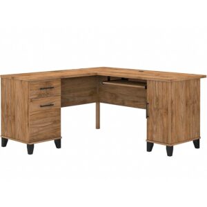 bush furniture somerset l-shaped desk with storage | study table with drawers in fresh walnut | home office computer desk with cabinets and pullout keyboard/laptop tray