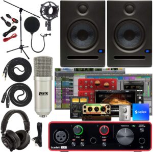 focusrite scarlett solo 2x2 usb audio interface full studio bundle with creative music production software kit and eris e5 pair 2-way studio monitors and 1/4” instrument cables