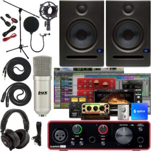 Focusrite Scarlett Solo 2x2 USB Audio Interface Full Studio Bundle with Creative Music Production Software Kit and Eris E5 Pair 2-Way Studio Monitors and 1/4” Instrument Cables