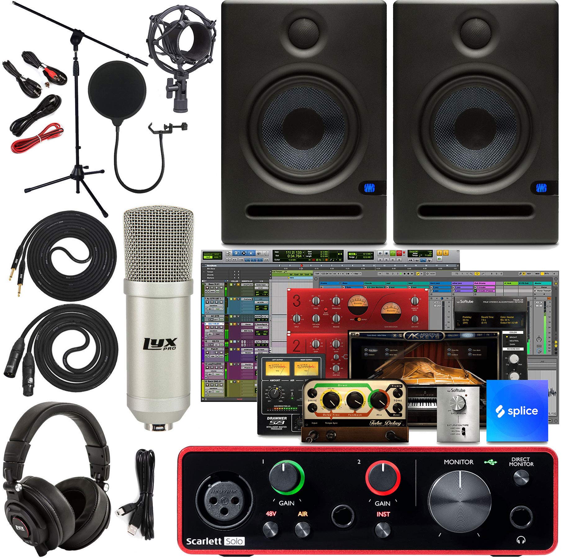 Focusrite Scarlett Solo 2x2 USB Audio Interface Full Studio Bundle with Creative Music Production Software Kit and Eris E5 Pair 2-Way Studio Monitors and 1/4” Instrument Cables