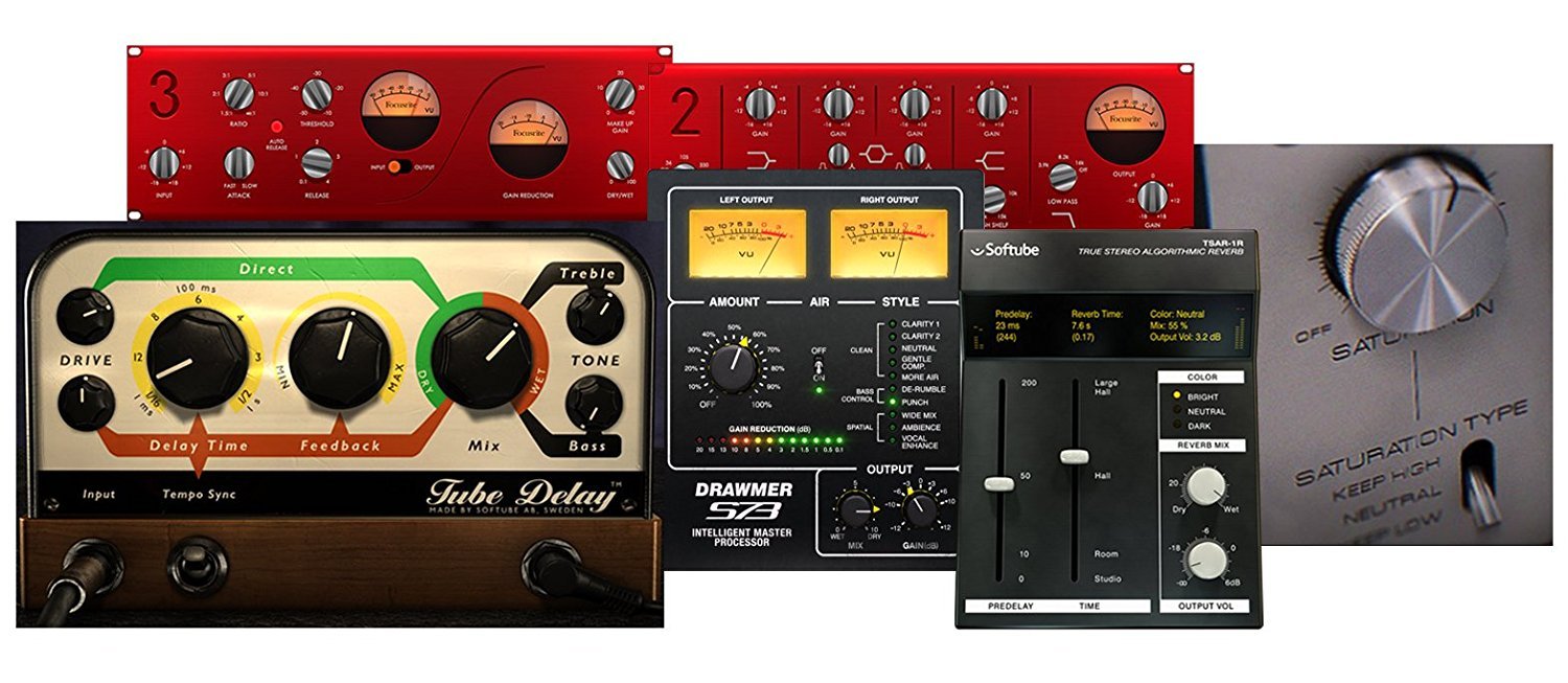 Focusrite Scarlett Solo 2x2 USB Audio Interface Full Studio Bundle with Creative Music Production Software Kit and Eris E5 Pair 2-Way Studio Monitors and 1/4” Instrument Cables