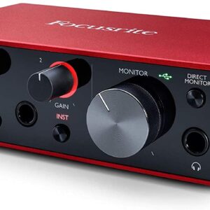 Focusrite Scarlett Solo 2x2 USB Audio Interface Full Studio Bundle with Creative Music Production Software Kit and Eris E5 Pair 2-Way Studio Monitors and 1/4” Instrument Cables