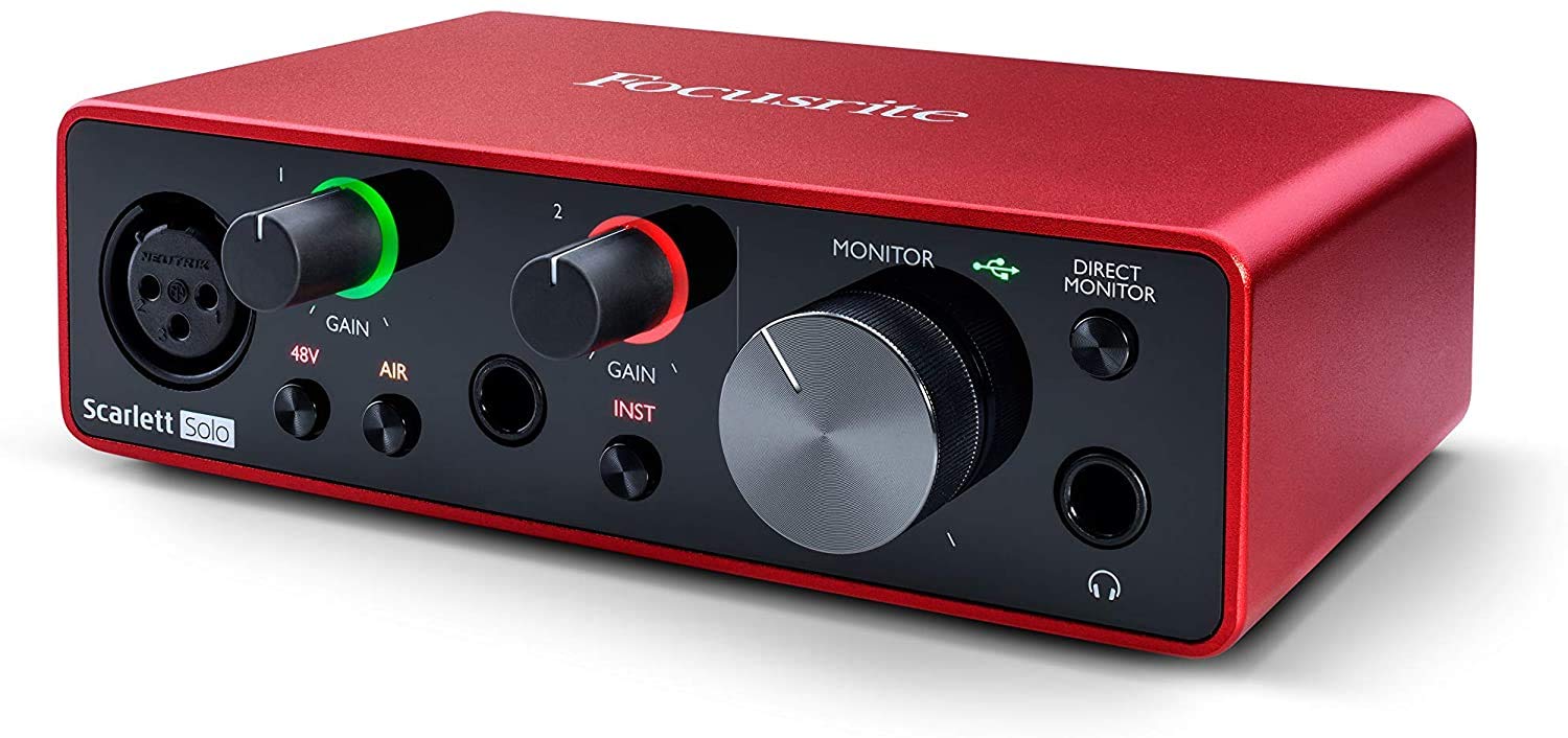 Focusrite Scarlett Solo 2x2 USB Audio Interface Full Studio Bundle with Creative Music Production Software Kit and Eris E5 Pair 2-Way Studio Monitors and 1/4” Instrument Cables