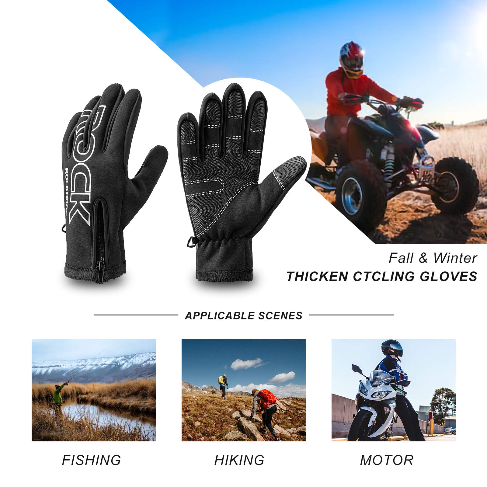 ROCKBROS Winter Cycling Gloves for Men Women Water Resistant Touch Screen Gloves Shock-Absorbing Full Finger Biking Glove Anti-Slip Motorcycle Mountain Bike Gloves, for Fishing, Driving, Golfing