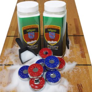 shuffleboard pucks w/ 2 cans shuffleboard wax, mini dustpan and brush for shuffleboard table, complete shuffleboard accessories bundle (2 1/8" (53mm), medium speed)