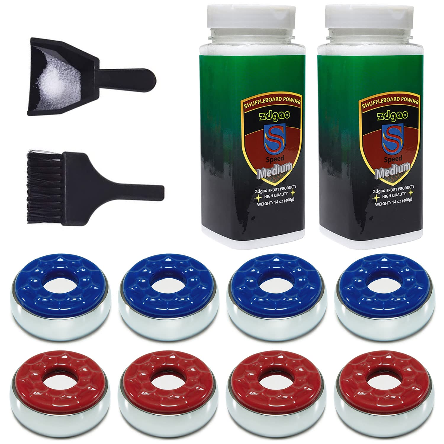 Shuffleboard Pucks w/ 2 Cans Shuffleboard Wax, Mini Dustpan and Brush for Shuffleboard Table, Complete Shuffleboard Accessories Bundle (2 1/8" (53mm), Medium Speed)