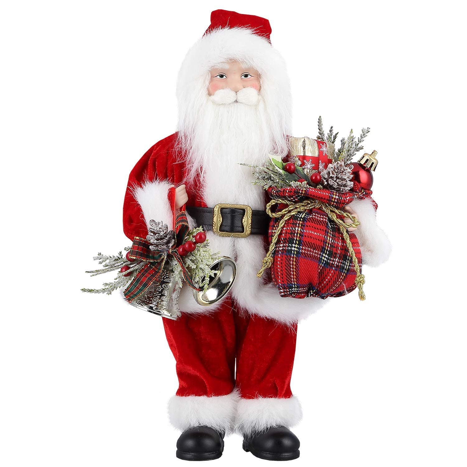 AGM 12" Santa Claus Christmas Figurine Figure Decoration with Gifts Bag and 2 Bells for Holiday Party Home Decoration