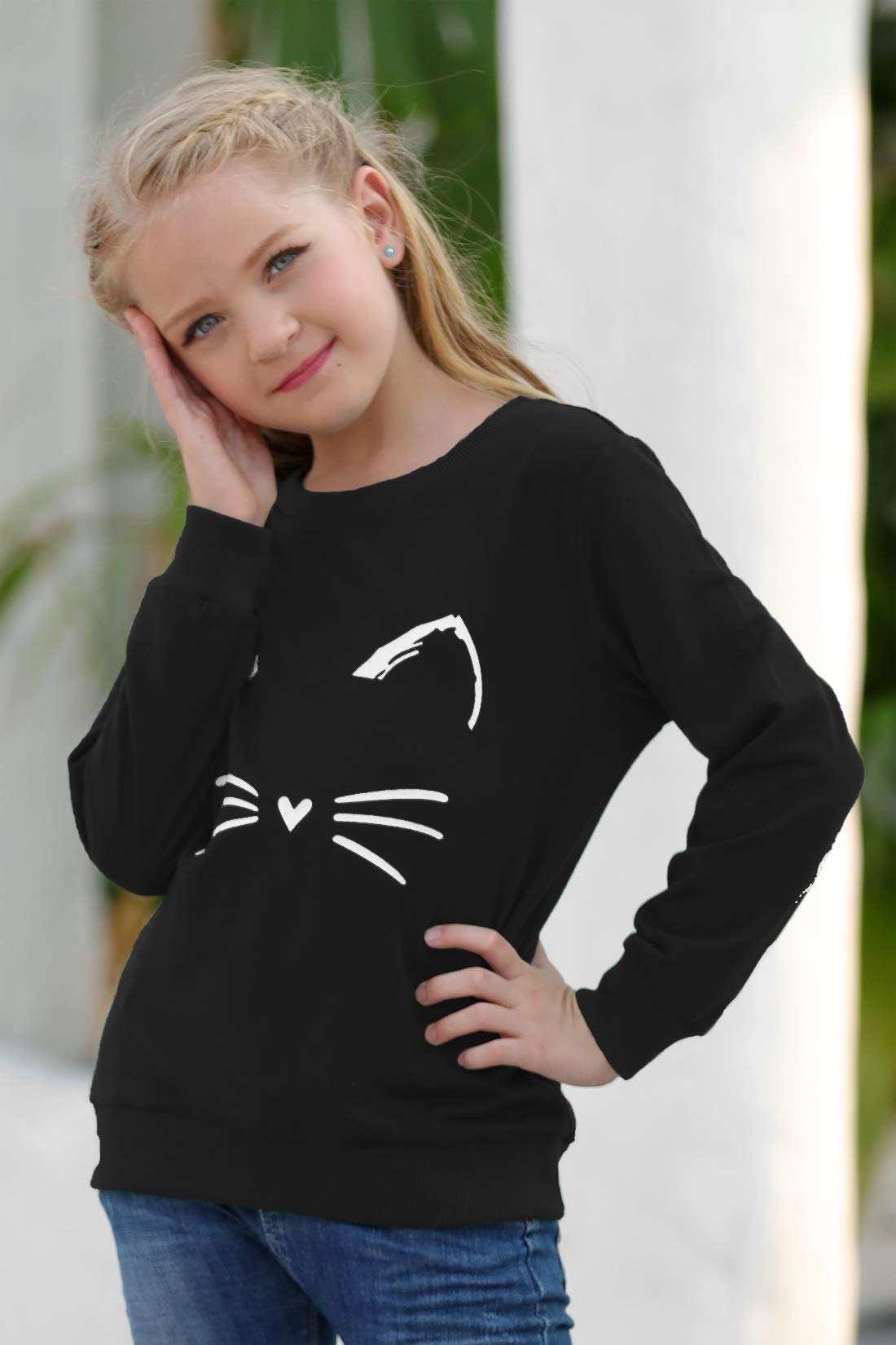 GORLYA Girl's Pullover Tops Cute Cartoon Graphic Print Sweatshirt Clothes for 4-14 Years Kids (GOR1059, 11-12Y, Black)