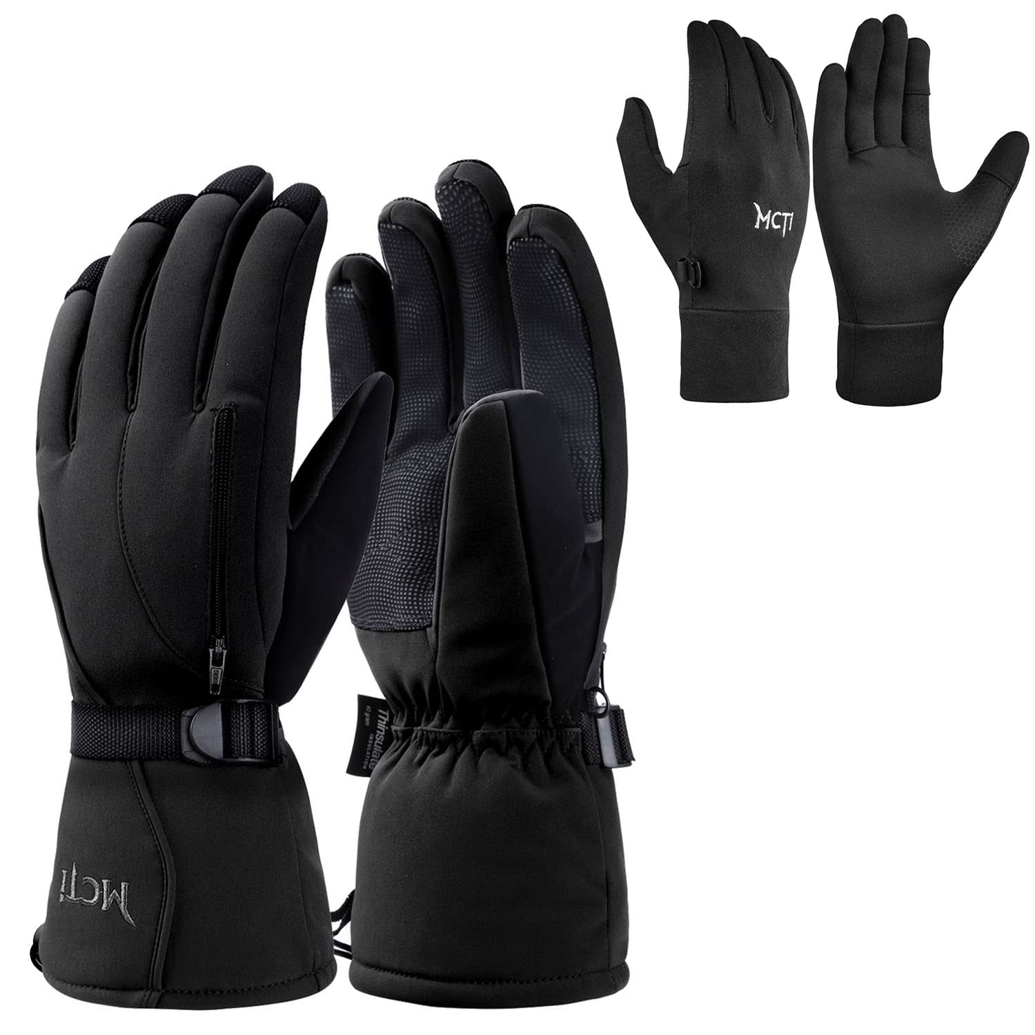 MCTi Mens Ski Gloves MC1605 One Pair(Black, Large) Thin Glove Liner MC-1706 One Pair(Black, Large)