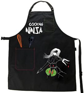 cute black kitchen bib apron for women and men - with 2 pockets and graphic - multi-sized - for chefs and home cooking - water resistant - gift box cooking ninja apron for women