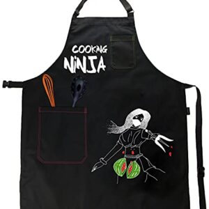 Cute Black Kitchen Bib Apron For Women and Men - With 2 Pockets and Graphic - Multi-sized - For Chefs and Home Cooking - Water Resistant - Gift Box Cooking Ninja Apron for Women