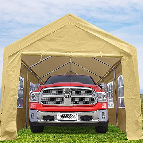 PEAKTOP OUTDOOR 10x20 ft Heavy Duty Carport Car Canopy with Removable Window Sidewalls, Portable Garage Tent Boat Shelter with Reinforced Triangular Beams, Beige