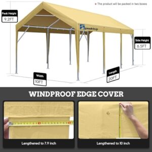 PEAKTOP OUTDOOR 10x20 ft Heavy Duty Carport Car Canopy with Removable Window Sidewalls, Portable Garage Tent Boat Shelter with Reinforced Triangular Beams, Beige