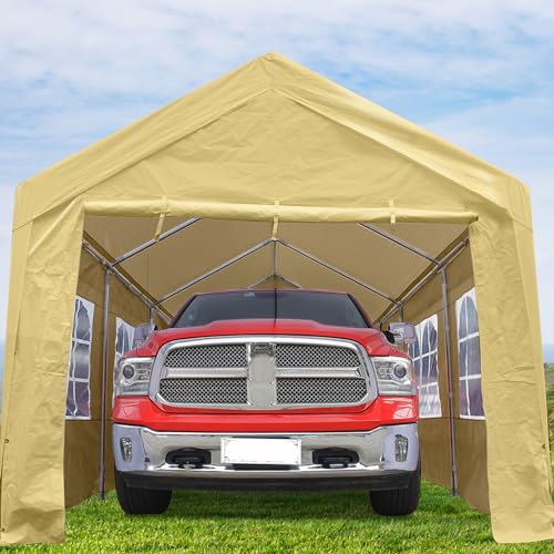 PEAKTOP OUTDOOR 10x20 ft Heavy Duty Carport Car Canopy with Removable Window Sidewalls, Portable Garage Tent Boat Shelter with Reinforced Triangular Beams, Beige