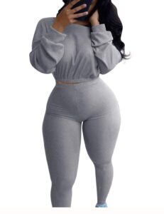 annystore women casual 2 piece tracksuit outfit ribbed pullover crop tops high waisted long pants jogger sets sweatsuit grey m
