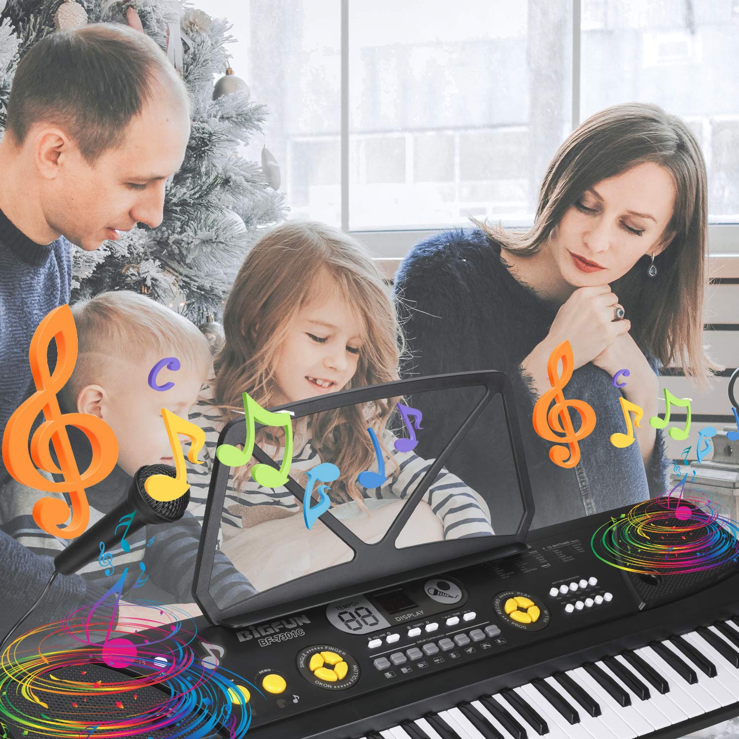 MUCH Electronic 61 keys Music Piano Keyboard Portable Digital With Built In Speakers Mic & Stand UPS/MP3 Input, Power Supply for Beginners (Kids&Boys,Girls Ages 3-12,Adults)