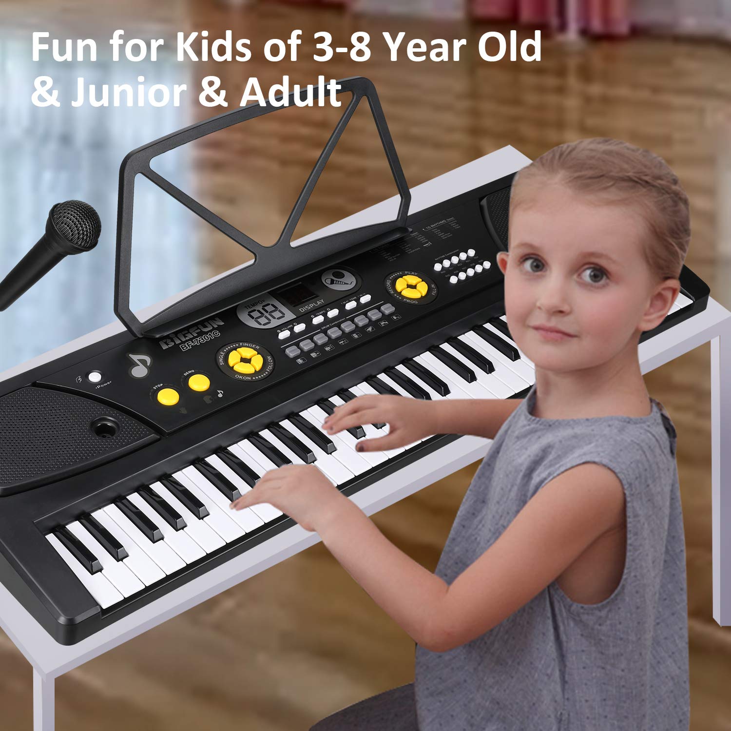 MUCH Electronic 61 keys Music Piano Keyboard Portable Digital With Built In Speakers Mic & Stand UPS/MP3 Input, Power Supply for Beginners (Kids&Boys,Girls Ages 3-12,Adults)