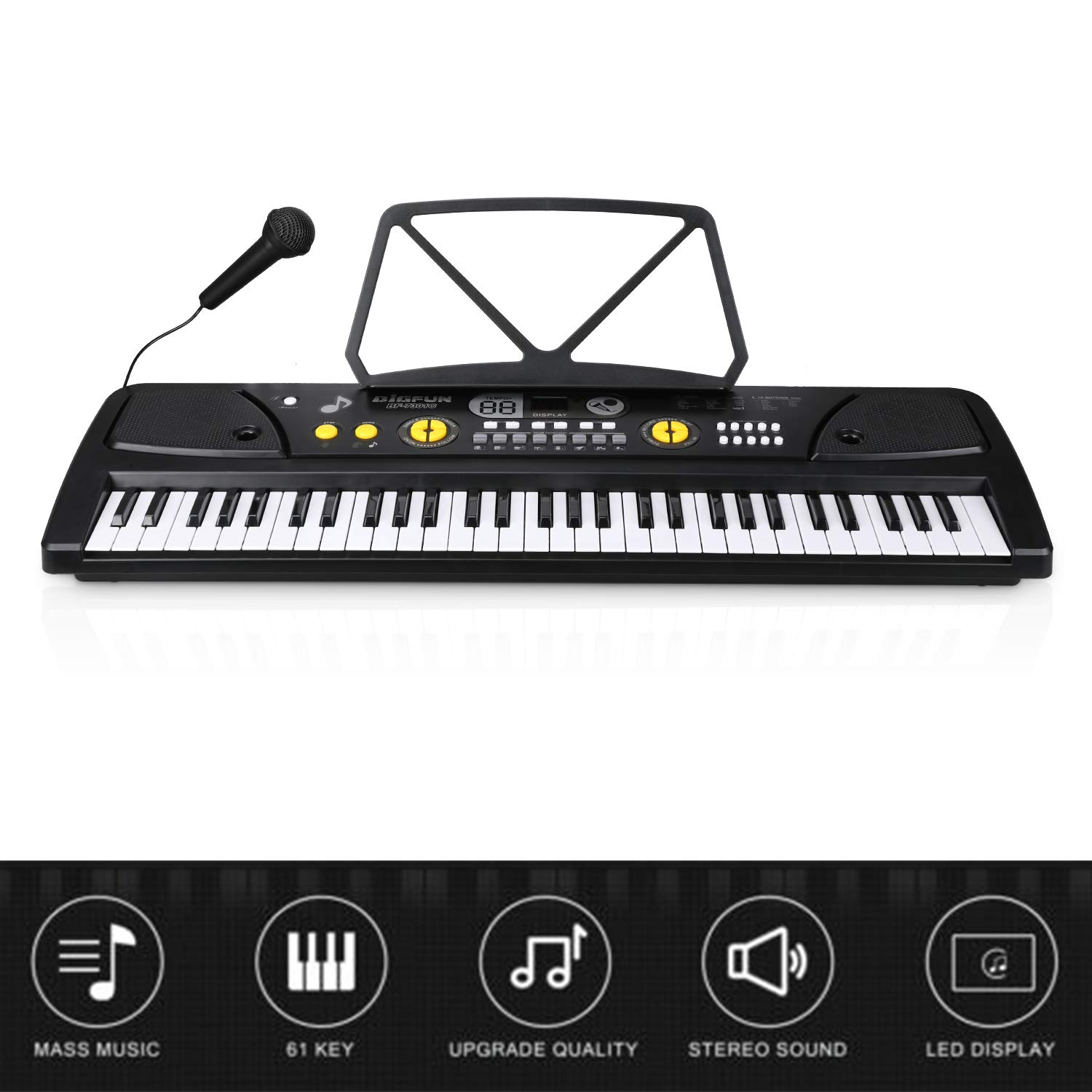 MUCH Electronic 61 keys Music Piano Keyboard Portable Digital With Built In Speakers Mic & Stand UPS/MP3 Input, Power Supply for Beginners (Kids&Boys,Girls Ages 3-12,Adults)