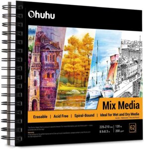 mix media pad, ohuhu square 8.3"x8.3" (inner size) mixed media art sketchbook, 120 lb/200 gsm heavyweight papers, 62 sheets/124 pages, spiral bound mixed media paper pad for christmas gift