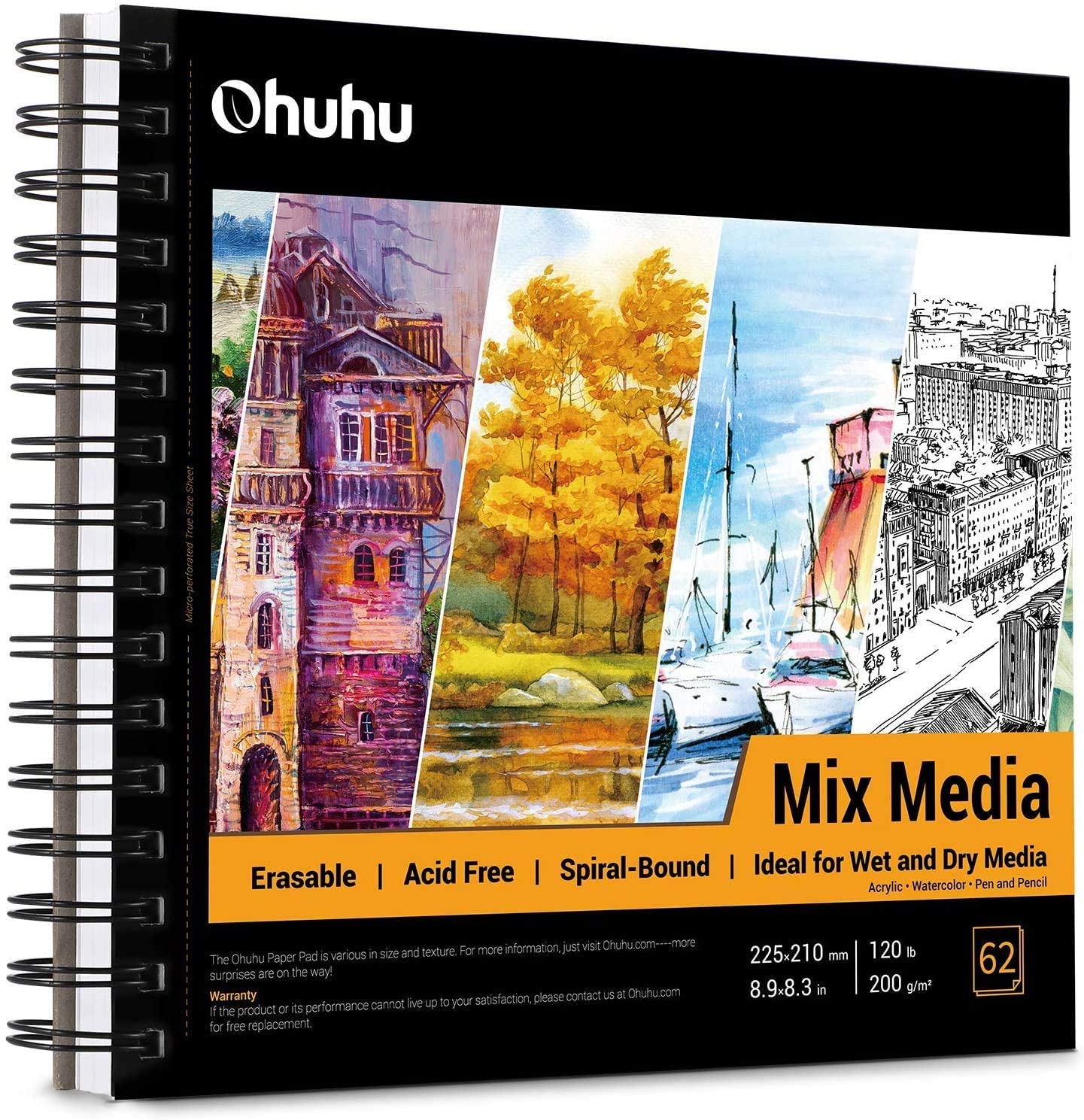 Mix Media Pad, Ohuhu Square 8.3"x8.3" (Inner Size) Mixed Media Art Sketchbook, 120 LB/200 GSM Heavyweight Papers, 62 Sheets/124 Pages, Spiral Bound Mixed Media Paper Pad for Christmas Gift