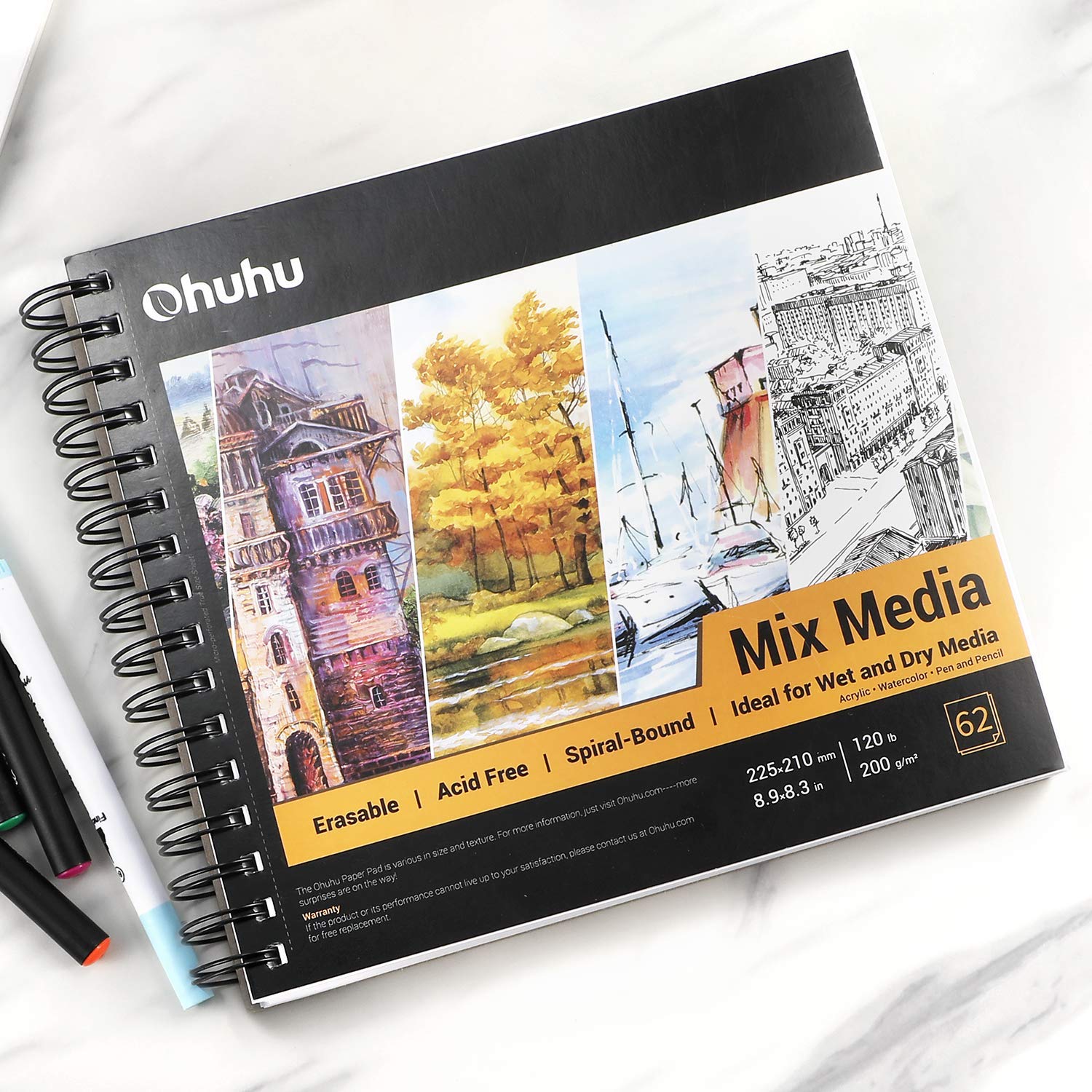 Mix Media Pad, Ohuhu Square 8.3"x8.3" (Inner Size) Mixed Media Art Sketchbook, 120 LB/200 GSM Heavyweight Papers, 62 Sheets/124 Pages, Spiral Bound Mixed Media Paper Pad for Christmas Gift