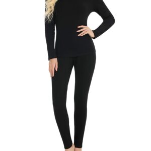 Locachy Cotton Thermal Underwear for Women Ultra Soft Long Johns Top & Bottom Set (Black, Small)