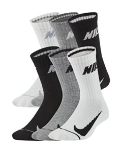 nike boy`s cushioned crew socks 6 pack (black(bn0509-042)/grey/white, 5-7(kids 10c-3y))