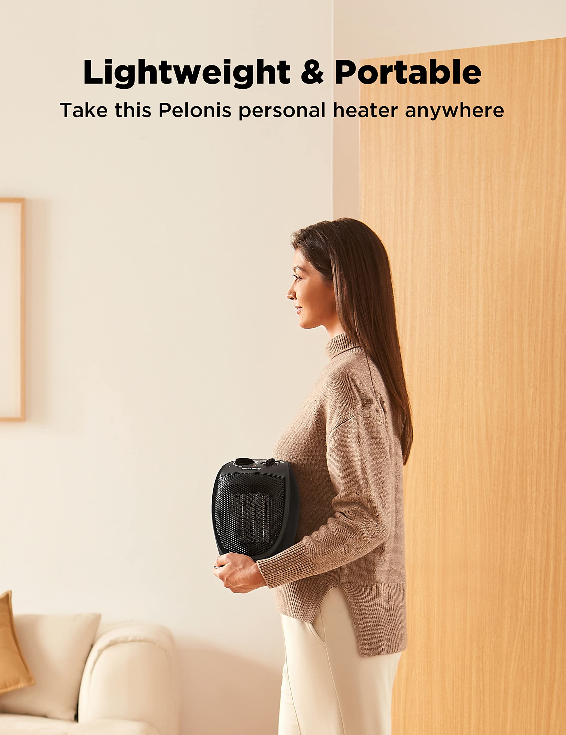 PELONIS PHTA1ABB Portable, 1500W/900W, Quiet Cooling & Heating Mode Space Heater for All Season, Tip Over & Overheat Protection,for Home, Office Personal Use, Black , 9inch