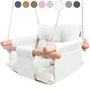 cateam - canvas baby swing, wooden hanging swing seat chair with safety belt, durable baby swing chair, outdoor and indoor swing for kids, mounting hardware included, ivory