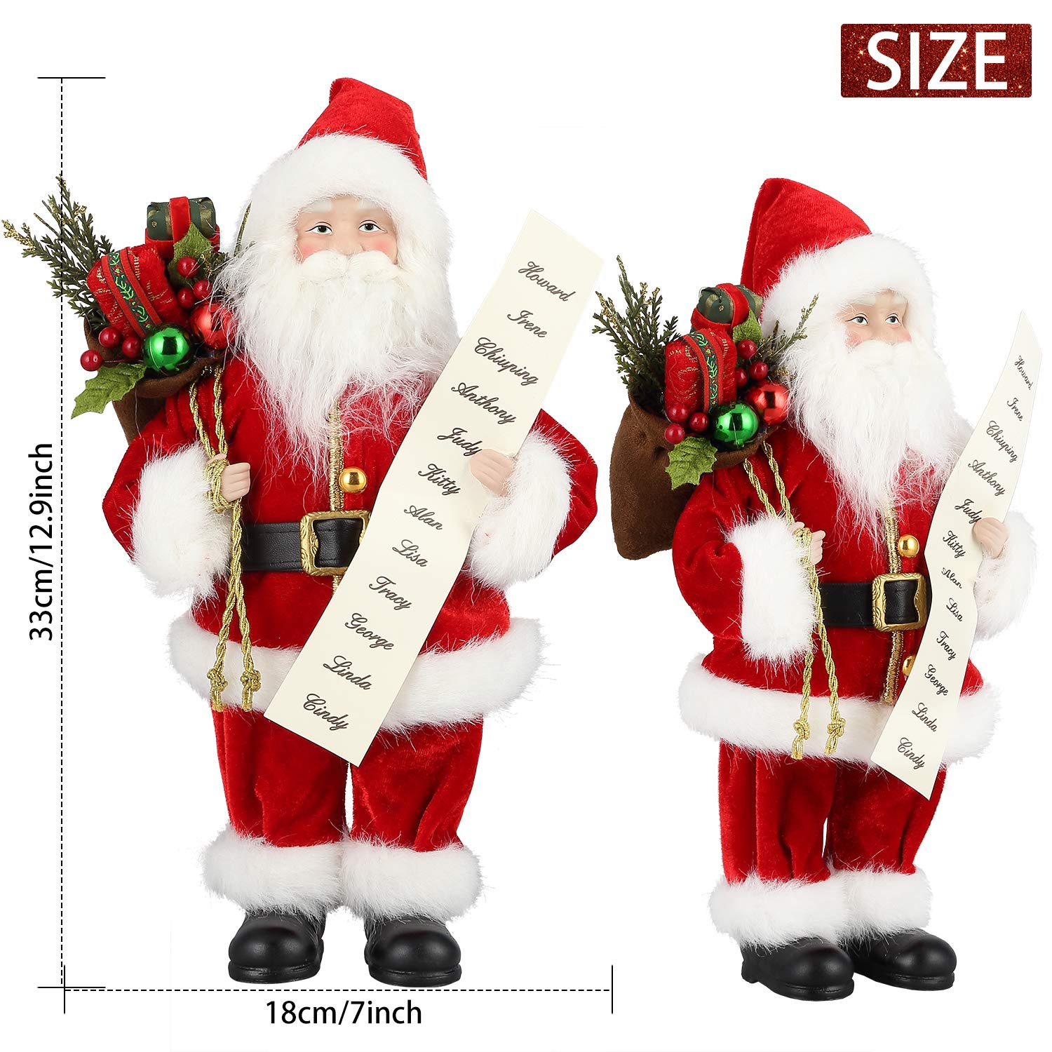 AGM 12 inches Santa Claus, Christmas Figurine Figure Decor with Good and Bad List and Gifts Bag for Holiday Party Home Decoration