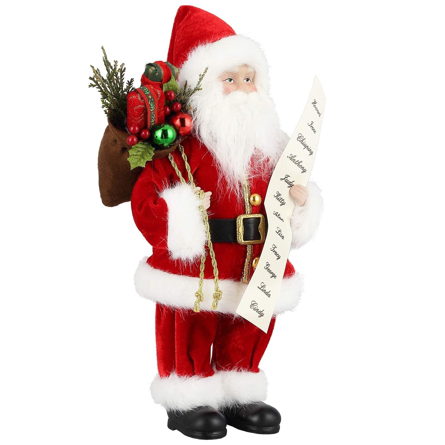 AGM 12 inches Santa Claus, Christmas Figurine Figure Decor with Good and Bad List and Gifts Bag for Holiday Party Home Decoration