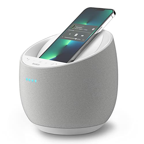 Belkin SOUNDFORM Elite Hi-Fi Smart Speaker + Wireless Charger (Alexa Voice-Controlled Bluetooth Speaker) Sound Technology By Devialet, Fast Wireless Charging for iPhone, Samsung Galaxy & More - White