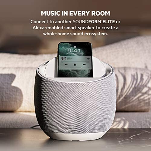 Belkin SOUNDFORM Elite Hi-Fi Smart Speaker + Wireless Charger (Alexa Voice-Controlled Bluetooth Speaker) Sound Technology By Devialet, Fast Wireless Charging for iPhone, Samsung Galaxy & More - White