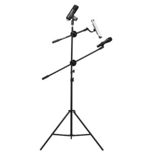 microphone stand, image mic stand with mic clip holder, collapsible and adjustable height heavy metal base for pc, tablet or cellphone