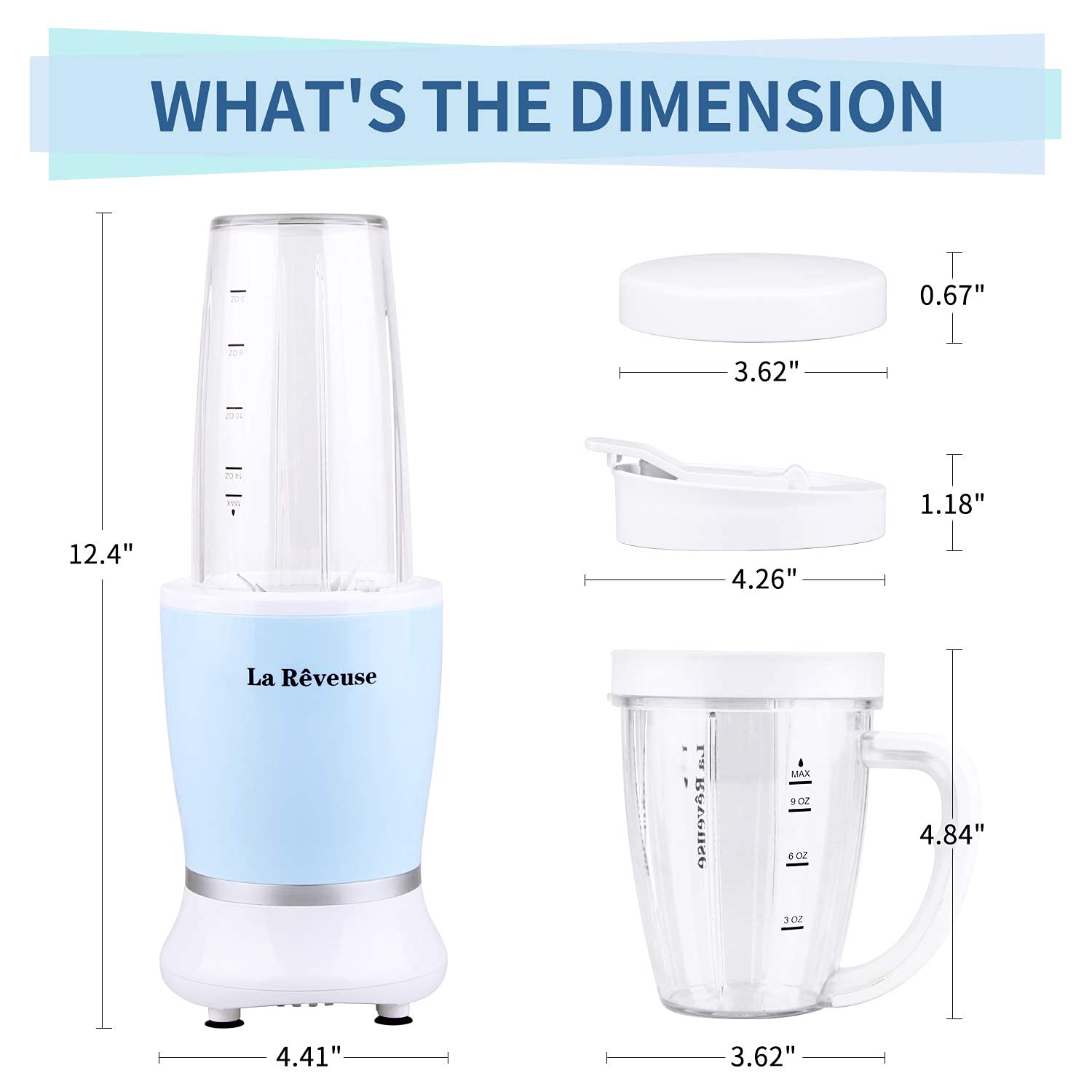 La Reveuse Personal Size Blender 250 Watts Power for Shakes Smoothies Seasonings Sauces with 1 Piece 15 oz Cup,1 Piece 10 oz Mug,BPA Free (Sky Blue)