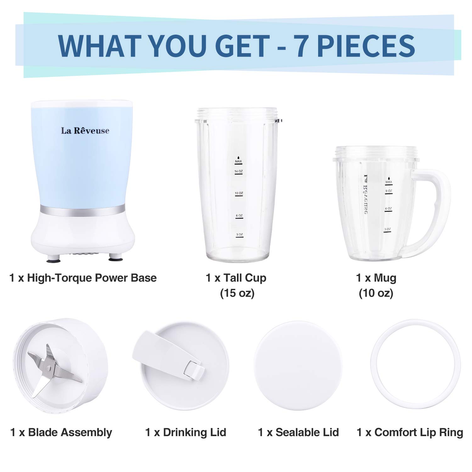 La Reveuse Personal Size Blender 250 Watts Power for Shakes Smoothies Seasonings Sauces with 1 Piece 15 oz Cup,1 Piece 10 oz Mug,BPA Free (Sky Blue)