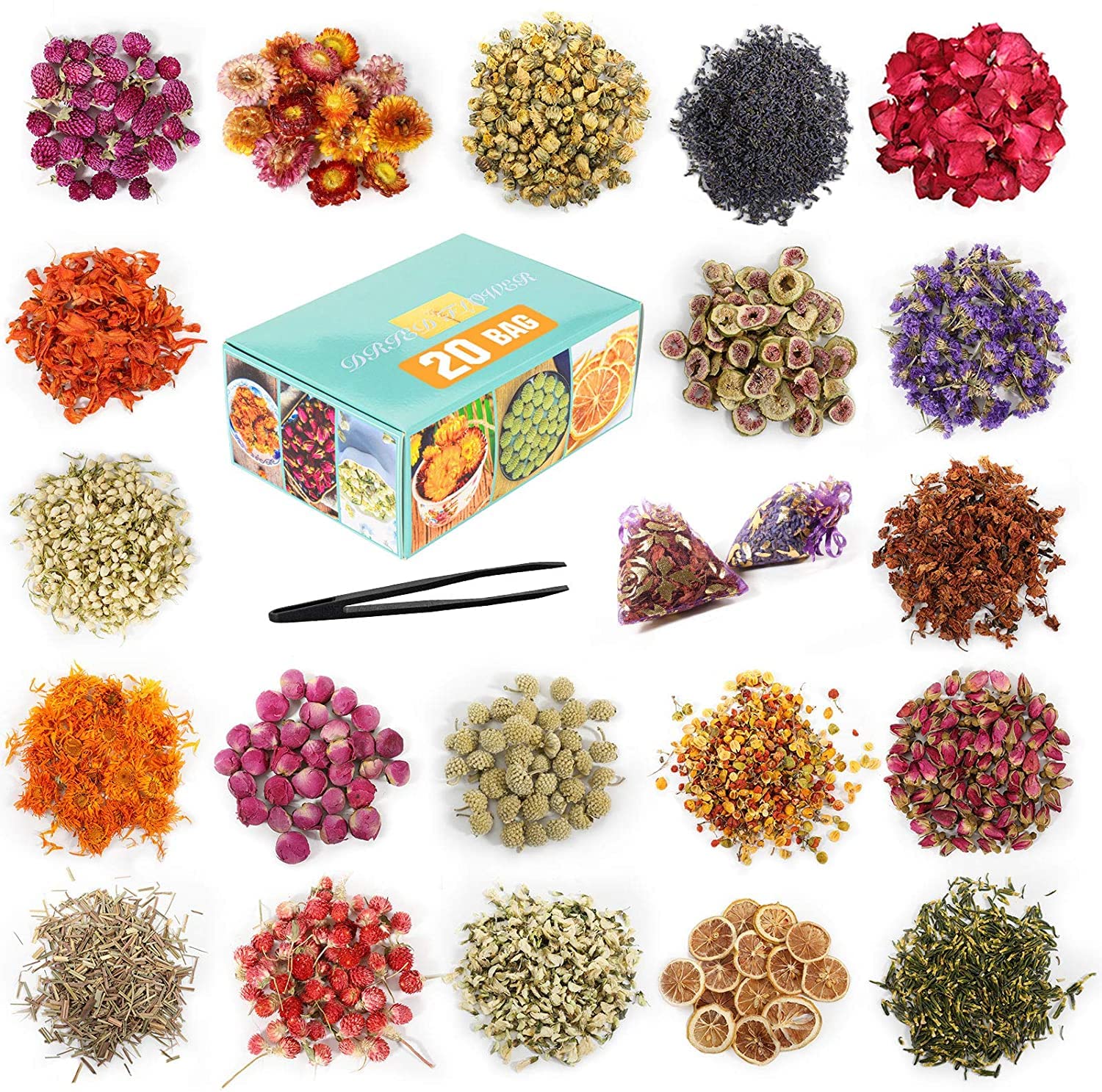 20 Bags Dried Flowers,100% Natural Dried Flowers Herbs Kit for Soap Making, DIY Candle Making,Bath - Include Rose Petals,Lavender,Don't Forget Me,Lilium,Jasmine,Rosebudsand More