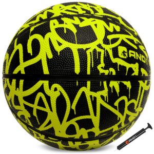 and1 fantom rubber basketball & pump (graffiti series)- official size 7 (29.5”) streetball, made for indoor and outdoor basketball games (volt)